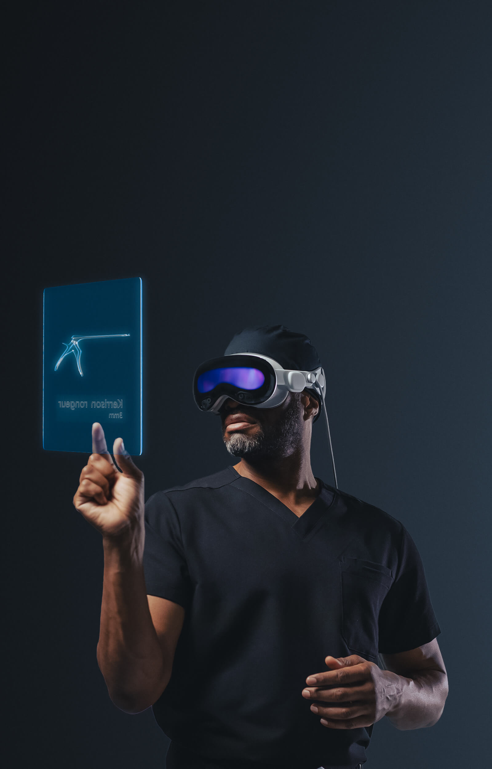 A surgeon using a VR headset while a nurse beside them interacts with the Viewer X app on a tablet.